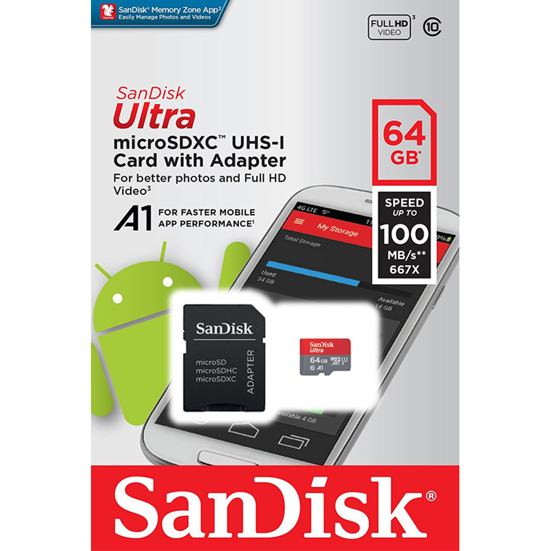Thẻ Nhớ Micro SanDisk Ultra 64GB Class 10 với dung lượng lưu trữ 64GB, bạn có thể thoải mái lưu trữ rất nhiều những dữ liệu, tập tin khác nhau như hình ảnh, âm thanh, video, tài liệu.