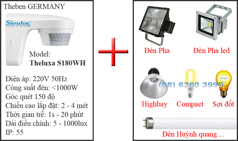 Các loại đèn có thể dùng với cảm biên hồng ngoại Theluxa S180-WH
