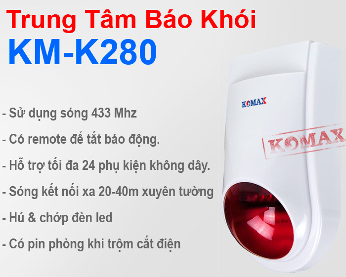 Trung tâm báo cháy KM-K280 tích hợp sẵn còi hú, pin sạc dự phòng 