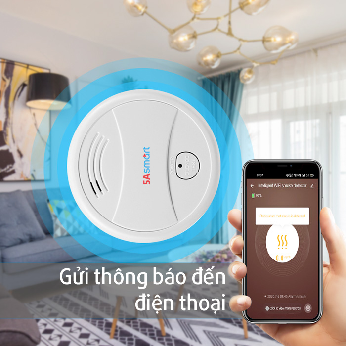 Thiết bị thông minh cảm biến thông báo khói 5A-SM01 giúp thông báo khói, phát hiện thông báo đám cháy, sau đó lập tức cảnh báo đến điện thoại của bạn thông qua kết nối Wifi hoặc 3G.