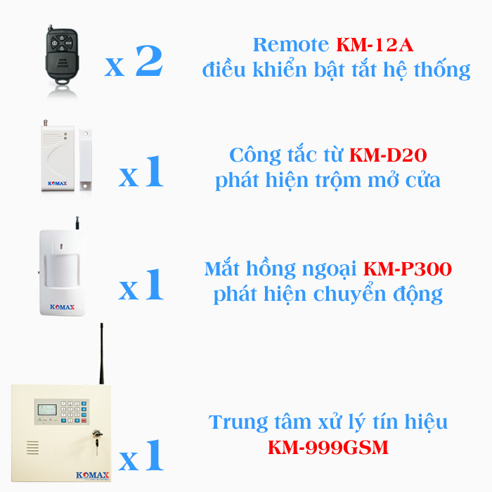 Trọn bộ chống trộm dùng sim cao cấp KM-999 GSM gồm có: 1 trung tâm, 2 remote điều khiển, 1 công tắc từ và 1 mắt hồng ngoại