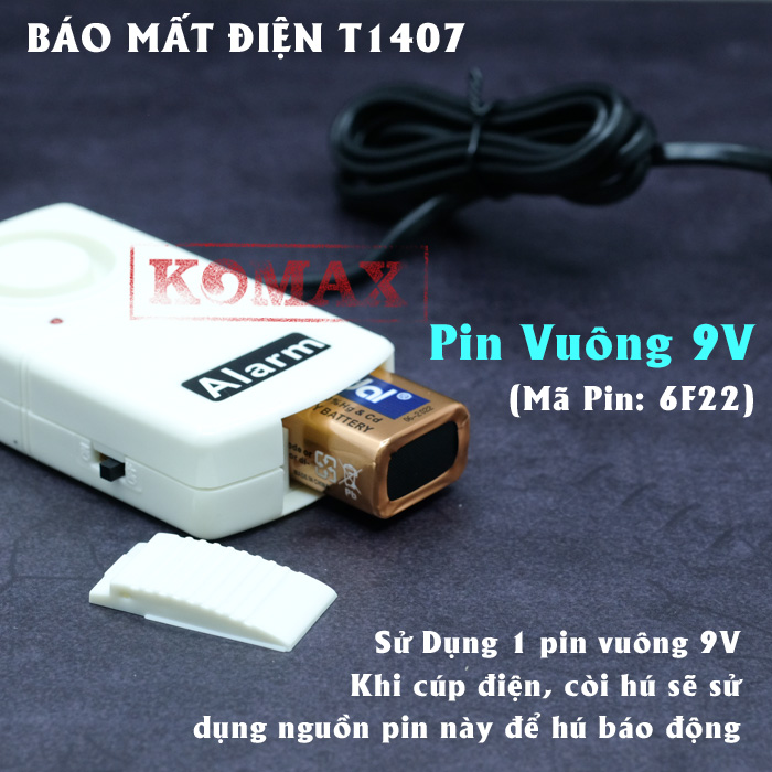 Báo cúp điện 1 pha T1407 Sử dụng pin vuông 9V thông dụng trên thị trường