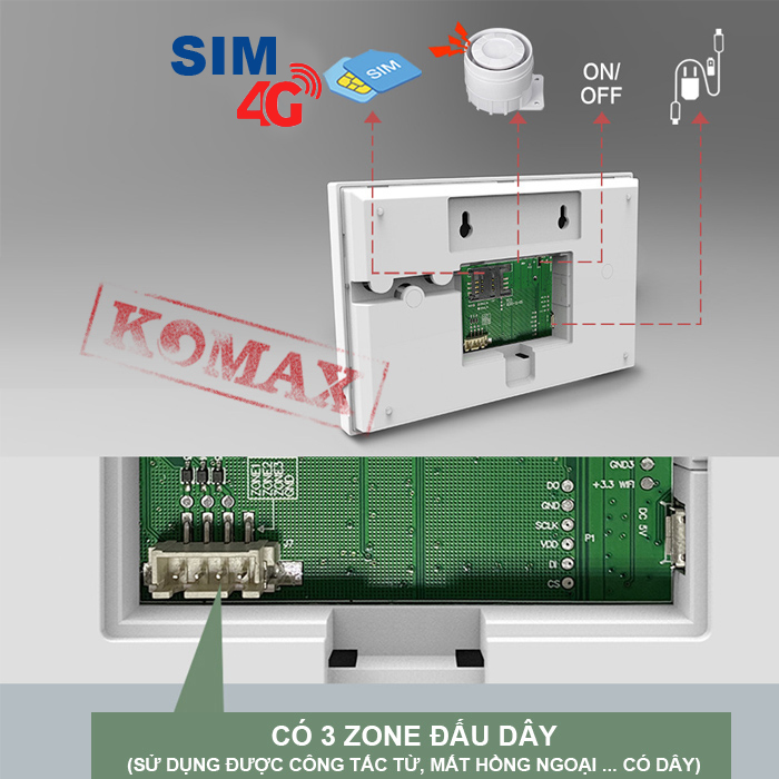 Trung tâm chống trộm KM-G30 có 3 vùng để gắn thiết bị có dây