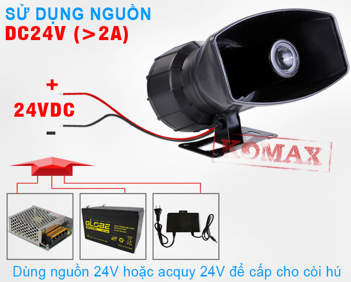 Còi báo động công suất lớn KM-DC24V-100w sử dụng nguồn phát 24V, thích hợp với những nơi cần dẫn nguồn đi xa 