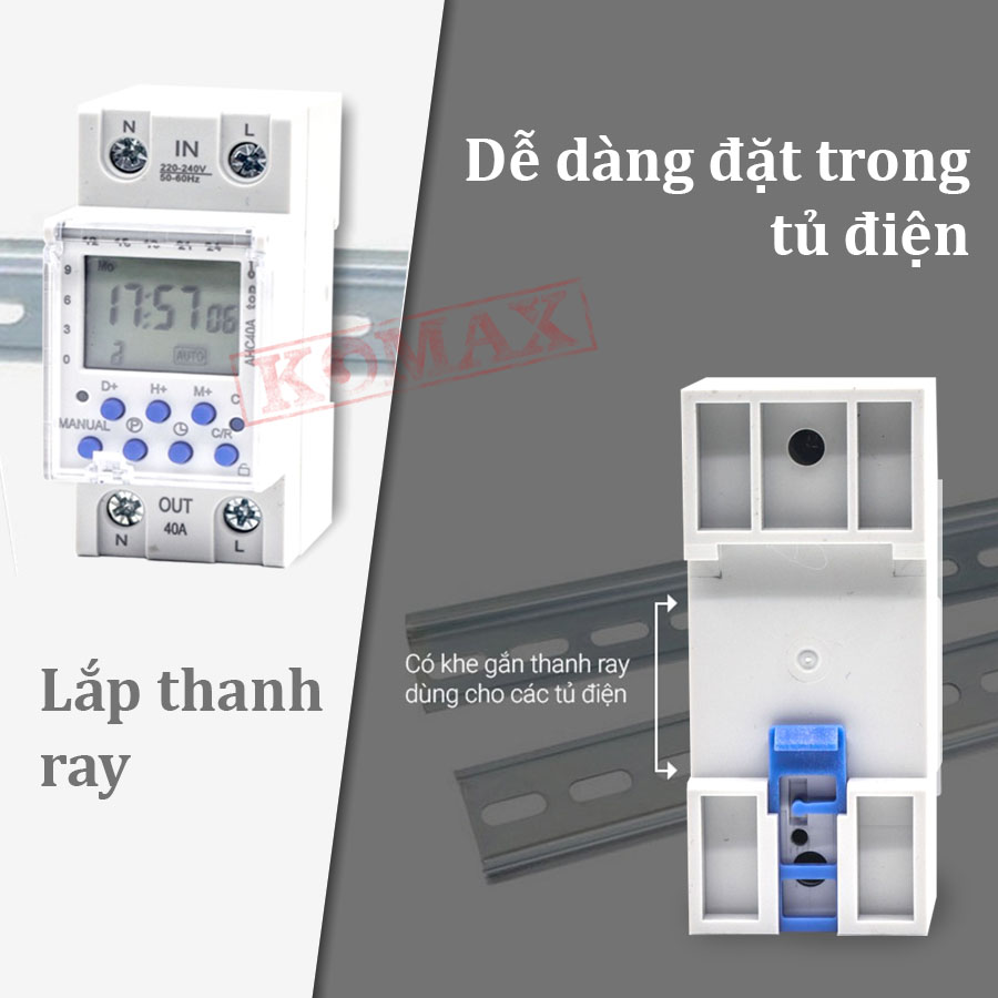 Công tắc hẹn giờ Komax 40A thiết kế chắc chắn, phù hợp môi trường công nghiệp.