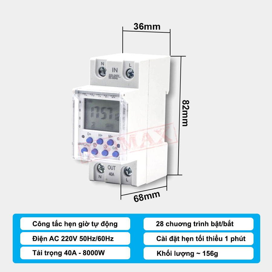 Bộ hẹn giờ Komax AHC40A Top giúp tự động hóa máy bơm, quạt, đèn chiếu sáng.