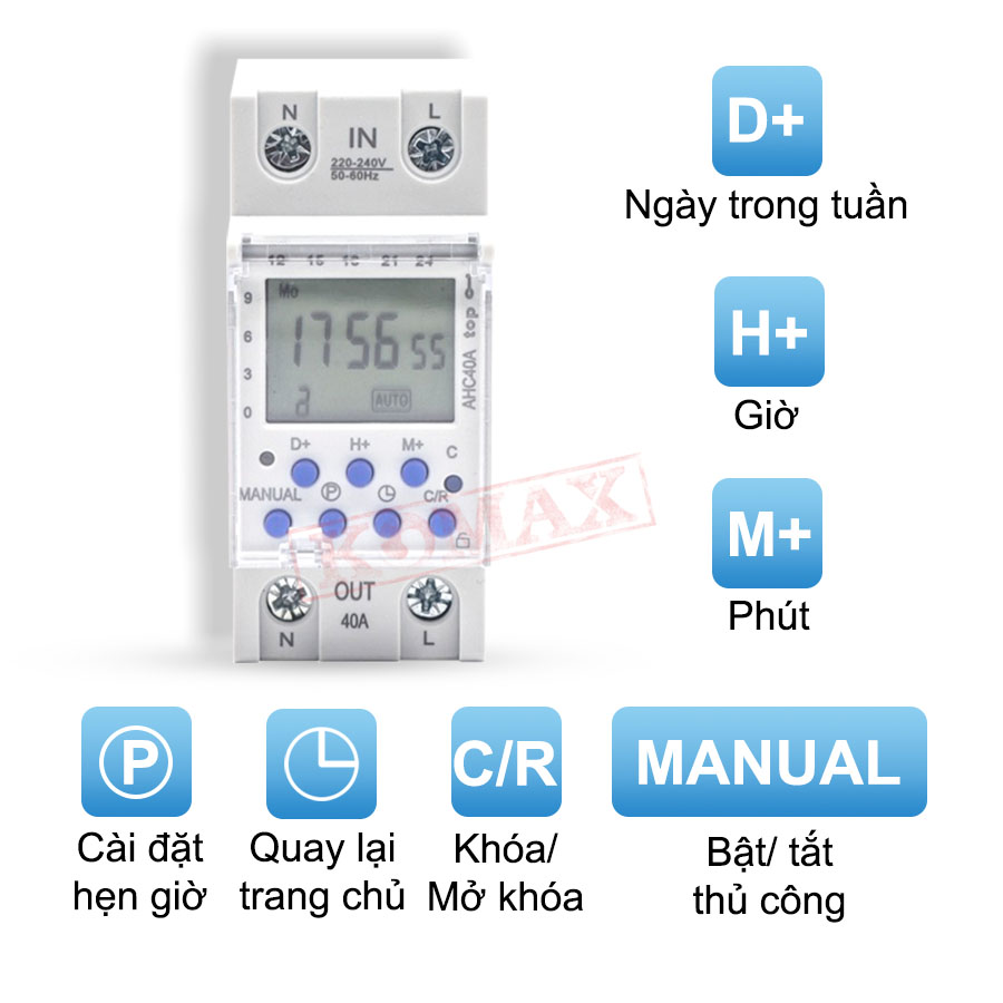 Công tắc hẹn giờ AHC40A Top an toàn, chống cháy nổ, tiếp điểm chịu tải cao.