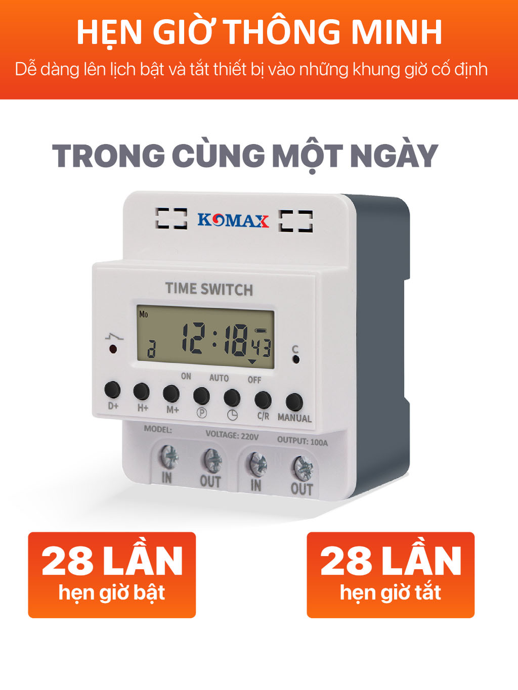 Hẹn giờ công nghiệp KM-100A 100A – giải pháp đóng/ngắt thiết bị công suất lớn hoàn toàn tự động. Hoạt động ổn định, sai số thấp, phù hợp cho máy bơm, đèn đường, hệ thống nuôi tôm, nhà xưởng.