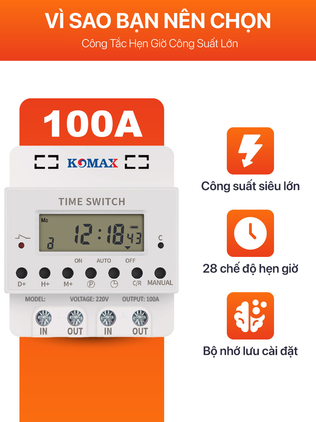 Công tắc hẹn giờ 100A KM-100A thiết kế chịu tải cao, tiếp điểm lớn, chống cháy nổ. Vỏ nhựa ABS cách điện tốt, an toàn tuyệt đối khi sử dụng cho thiết bị 1 pha