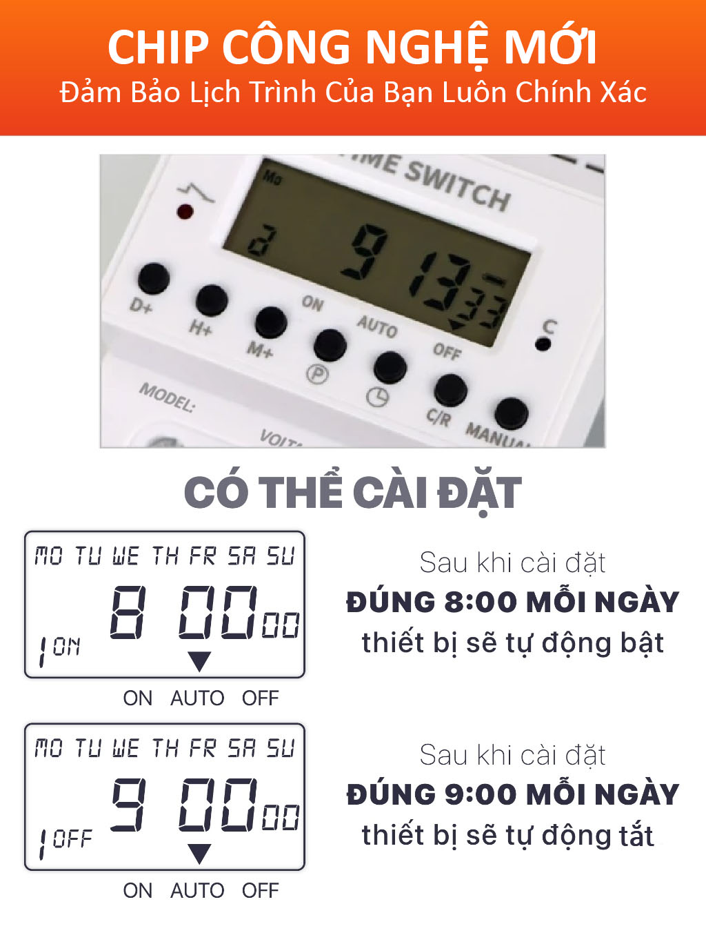 Timer điện công nghiệp KM-100A cho phép cài 28 chương trình/ngày, tự động lặp lại theo chu kỳ. Hỗ trợ relay chịu tải lớn, hoạt động liên tục 24/7 mà không nóng.