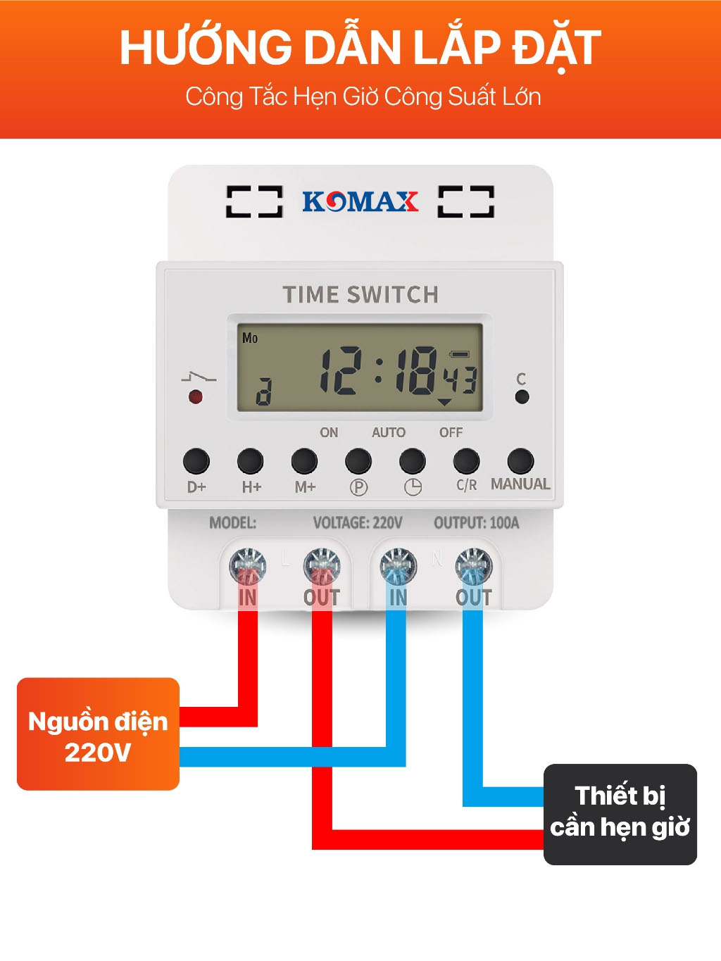 KM-100A 100A Industrial Timer – thiết bị hẹn giờ tiêu chuẩn cao, cài đặt được nhiều khung giờ, tự động hóa toàn bộ hệ thống điện công suất lớn. Bảo hành lâu dài, sử dụng ổn định.