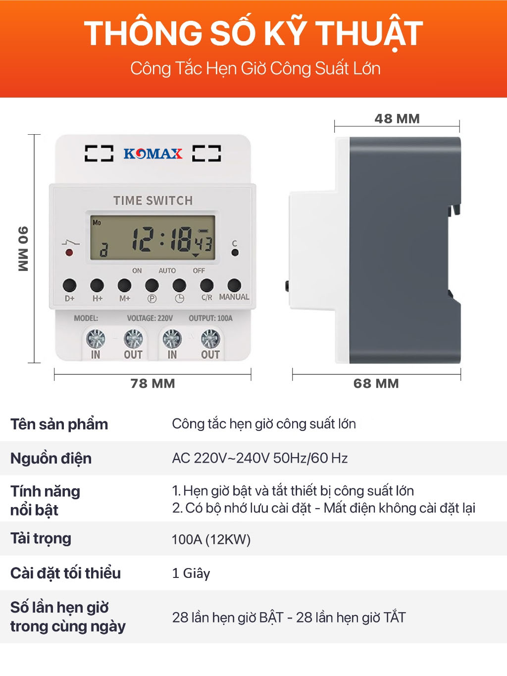 Timer KM-100A tải 100A sử dụng relay chất lượng cao, hoạt động ổn định trong môi trường công nghiệp. Chống nhiễu tốt, phù hợp cho hệ thống máy móc công suất lớn.