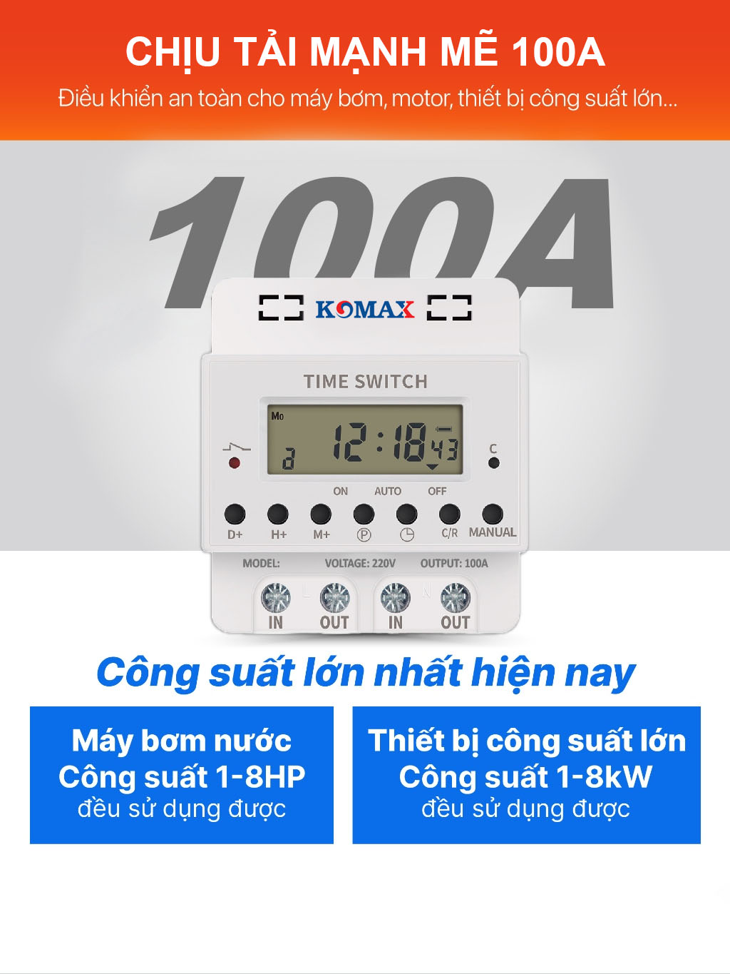 Bộ timer 100A KM-100A là thiết bị bắt buộc trong nhiều quy trình sản xuất: tự động hóa đóng mở bơm, điều khiển hệ thống quạt, nồi hơi, máy sấy… giúp công việc vận hành trở nên đơn giản và chính xác hơn.